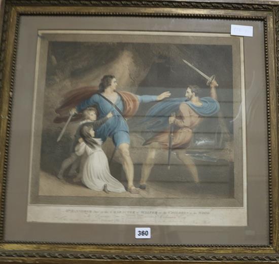 Heath After Westall, coloured engraving, Mr Bannister in the character of Walter in the Children of the Wood, 43 x 58cm